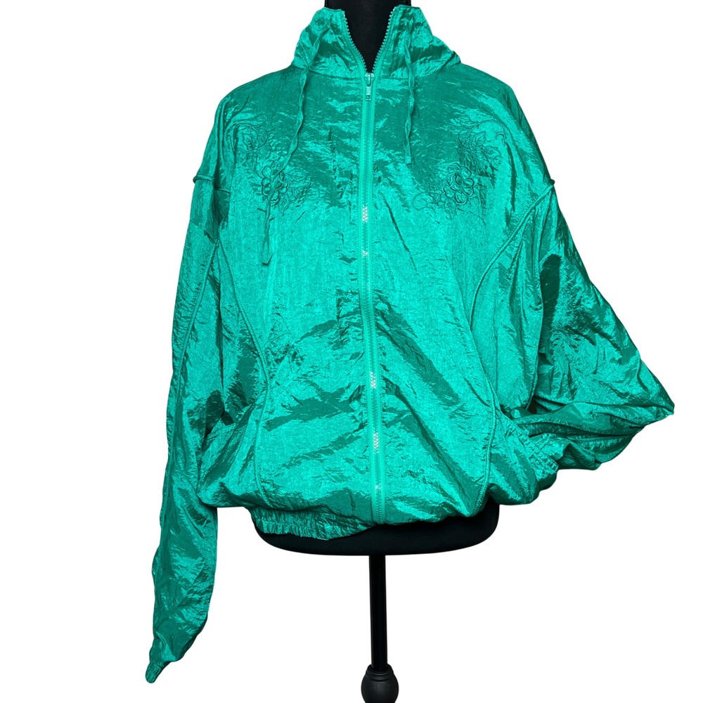 VTG Active‎ Exposure Teal Floral Embroidered Windbreaker Jacket L NWT 80's Retro